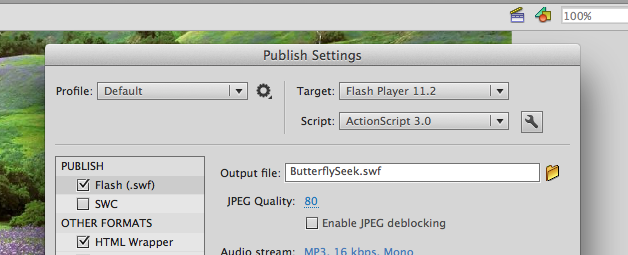 Screenshot of publish settings in Adobe Flash