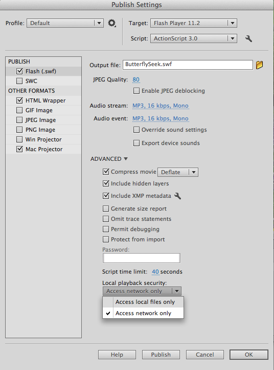 Screenshot of the .swf file settings in Flash